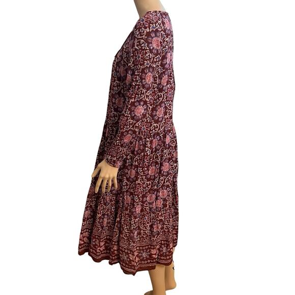 Aerie Peasant Midi Dress XS Floral Oversized Boho Long Sleeve Flowy Casual Red - Picture 4 of 9
